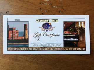 Gift certificate for Stone Cliff Winery